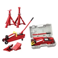 2 t mobil emelő, 2 t alátámasztó bakok és kerékékek műanyag tárolódobozban