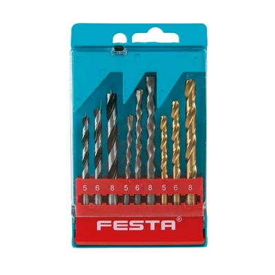FESTA fúrókészlet fémhez, fához és falazathoz, 5/6/8 mm, 9 darabos, műanyag dobozban